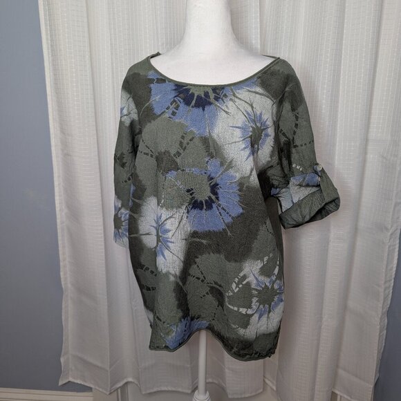 Made in Italy 50/50 Cotton/Linen Shirt, Army Green with Starburst Design, Size L - Picture 1 of 6